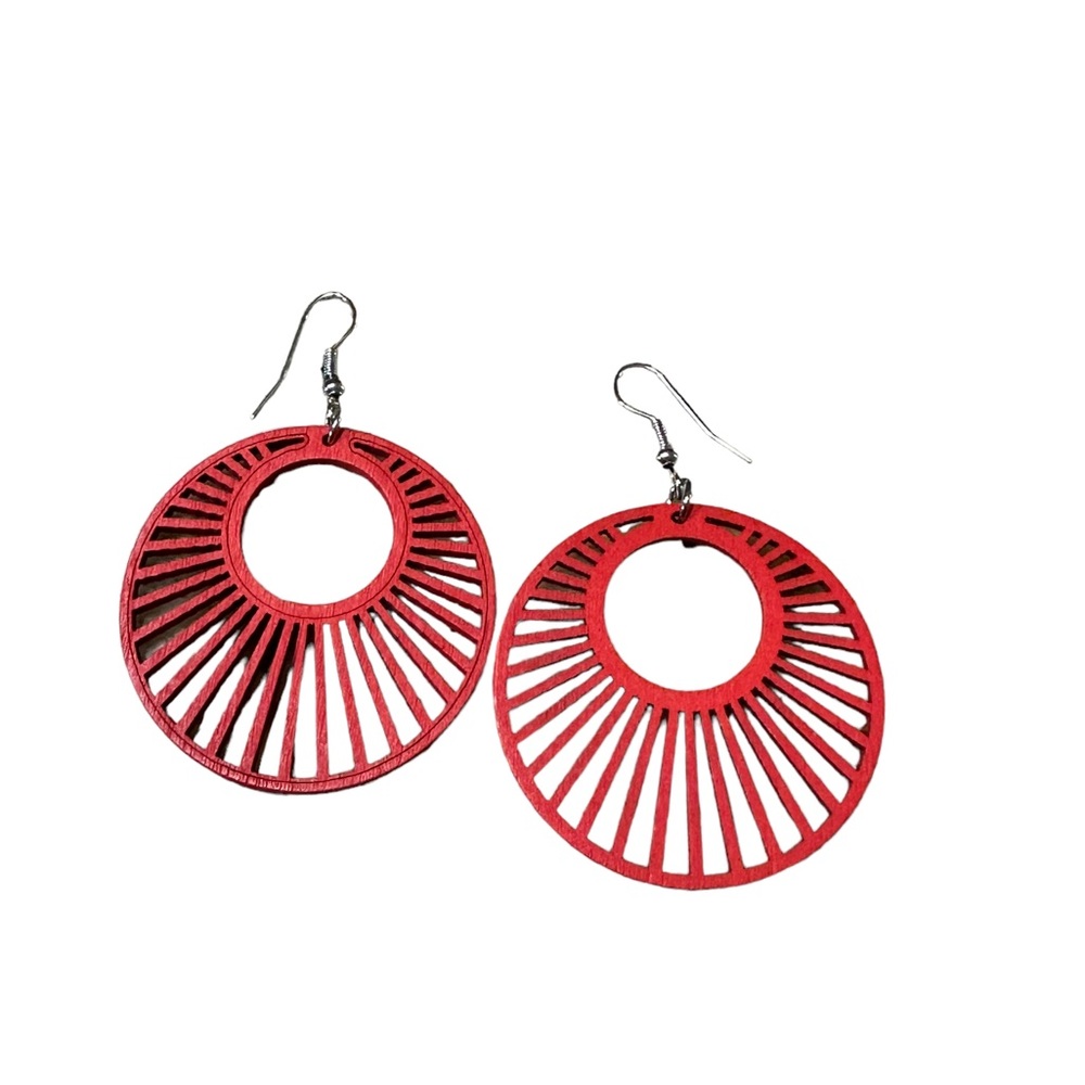 Boho Cut Wood Round Design Red Drop Earrings